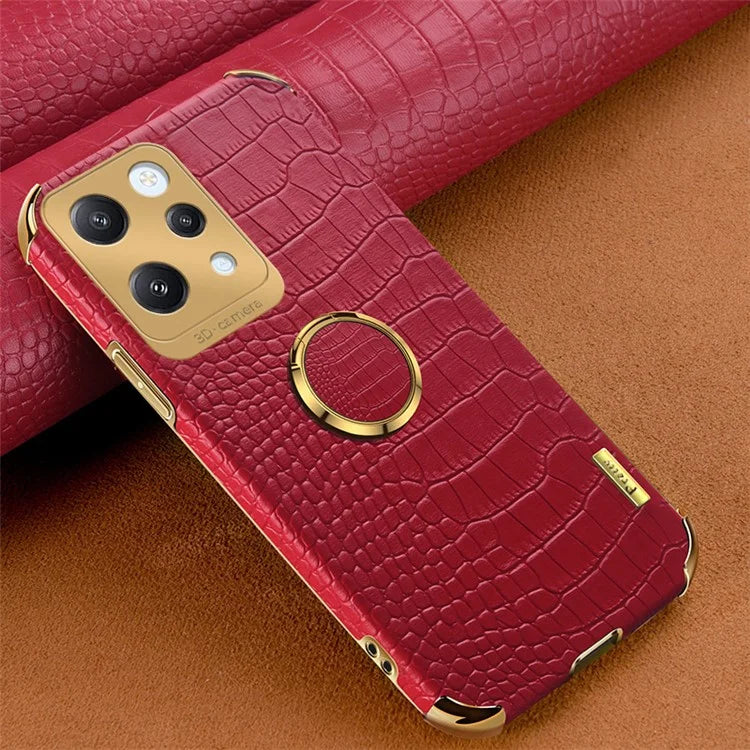 For Xiaomi Redmi 12 4G Case Crocodile Texture Ring Kickstand Leather+TPU Phone Cover