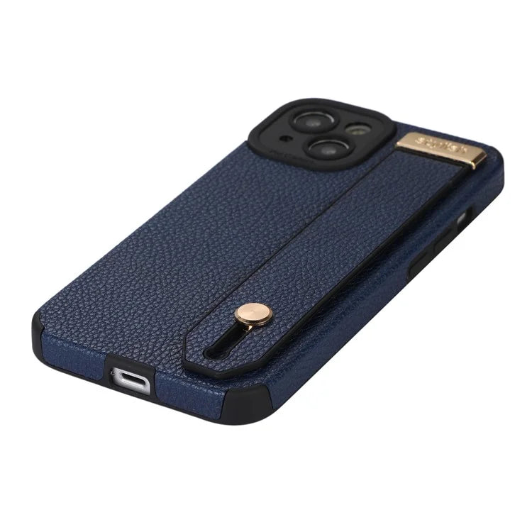 For iPhone 15 Case PU Leather Coated TPU Anti-scratch Phone Cover with Kickstand Strap