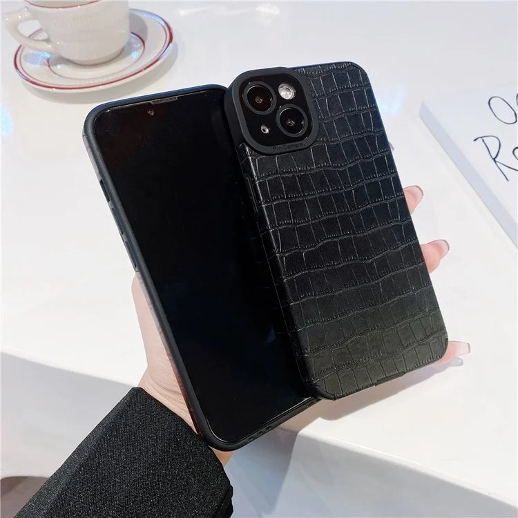 For iPhone 15 Plus Case PU Leather + TPU Crocodile Texture Phone Back Cover