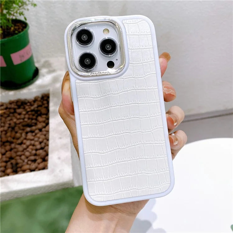 For iPhone 14 Pro Max Case Electroplated Camera Frame Leather+TPU+PC Phone Cover