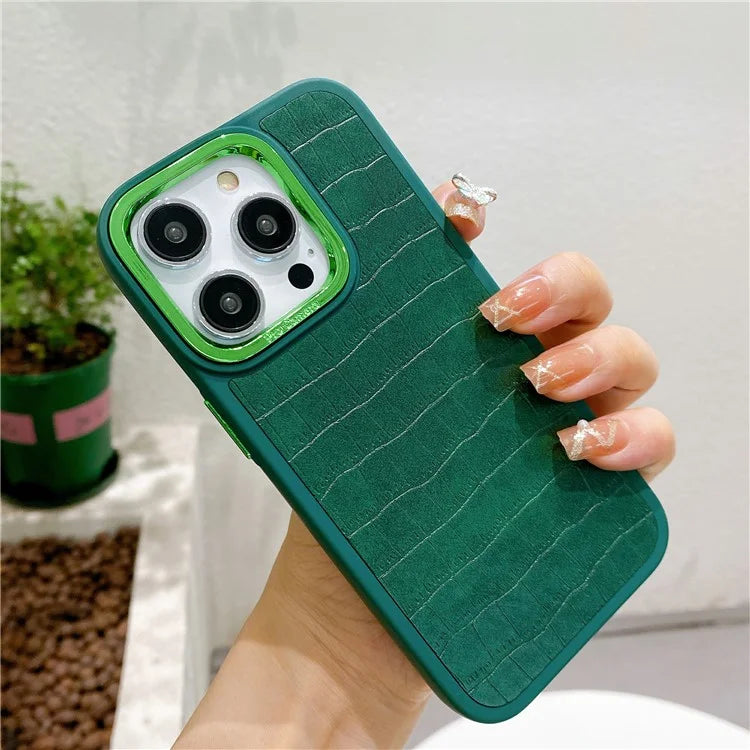 For iPhone 14 Pro Max Case Electroplated Camera Frame Leather+TPU+PC Phone Cover
