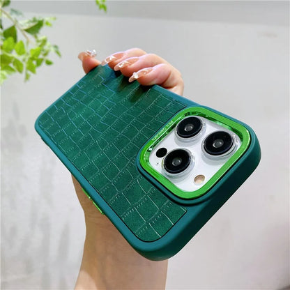 For iPhone 14 Pro Max Case Electroplated Camera Frame Leather+TPU+PC Phone Cover
