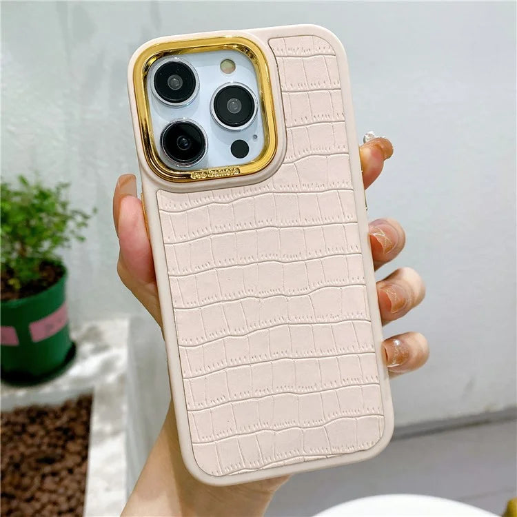 For iPhone 14 Pro Max Case Electroplated Camera Frame Leather+TPU+PC Phone Cover