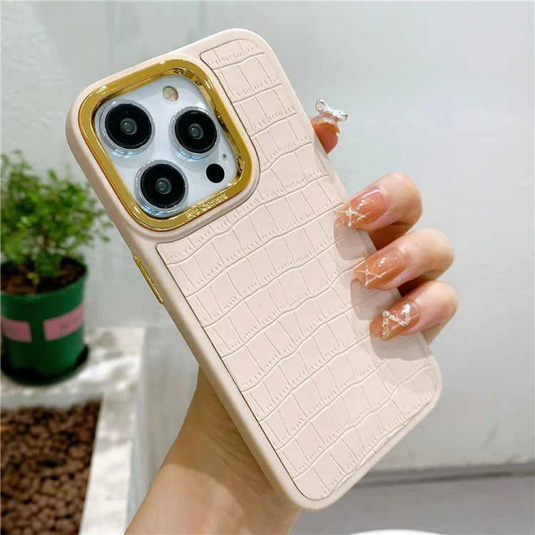 For iPhone 14 Pro Max Case Electroplated Camera Frame Leather+TPU+PC Phone Cover
