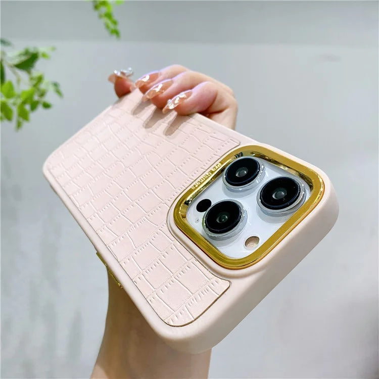 For iPhone 14 Pro Max Case Electroplated Camera Frame Leather+TPU+PC Phone Cover