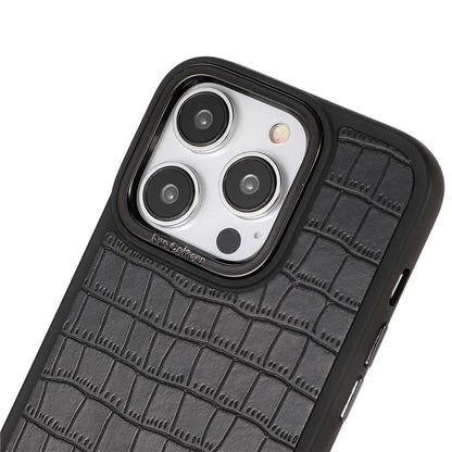 For iPhone 14 Pro Case Leather Coated TPU+PC Phone Cover with Electroplated Camera Frame