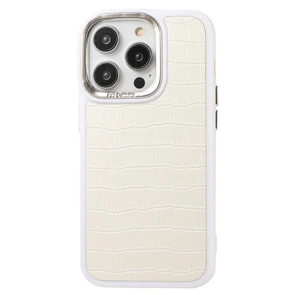 For iPhone 14 Pro Case Leather Coated TPU+PC Phone Cover with Electroplated Camera Frame