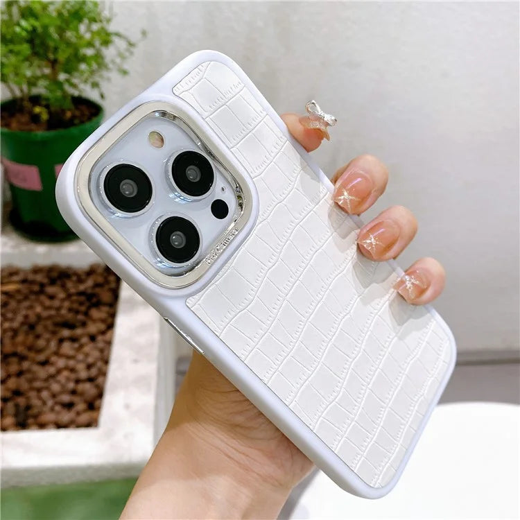 For iPhone 14 Pro Case Leather Coated TPU+PC Phone Cover with Electroplated Camera Frame