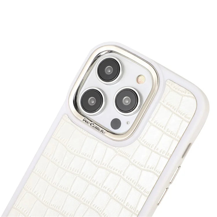 For iPhone 14 Pro Case Leather Coated TPU+PC Phone Cover with Electroplated Camera Frame