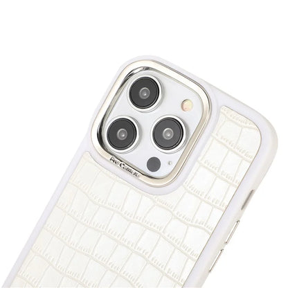 For iPhone 14 Pro Case Leather Coated TPU+PC Phone Cover with Electroplated Camera Frame