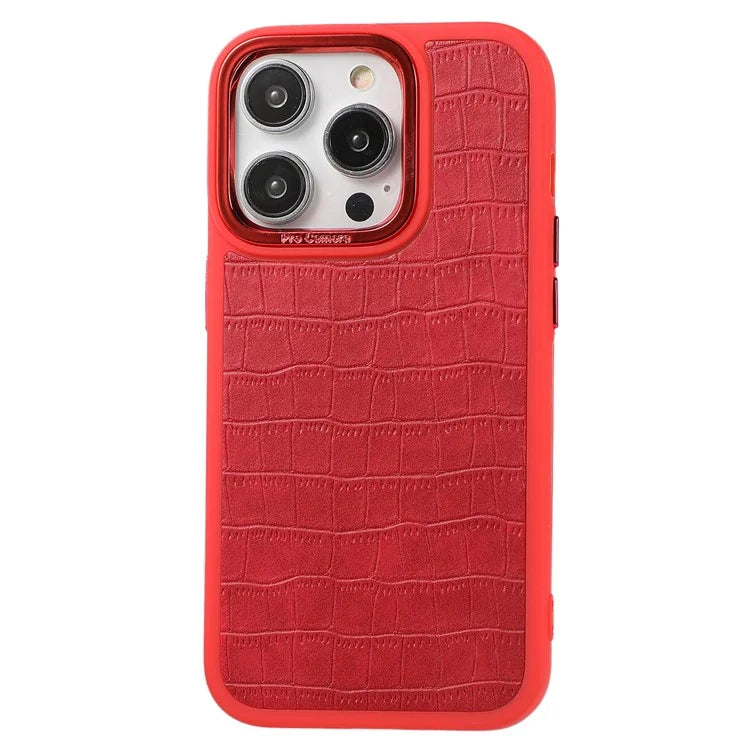 For iPhone 14 Pro Case Leather Coated TPU+PC Phone Cover with Electroplated Camera Frame