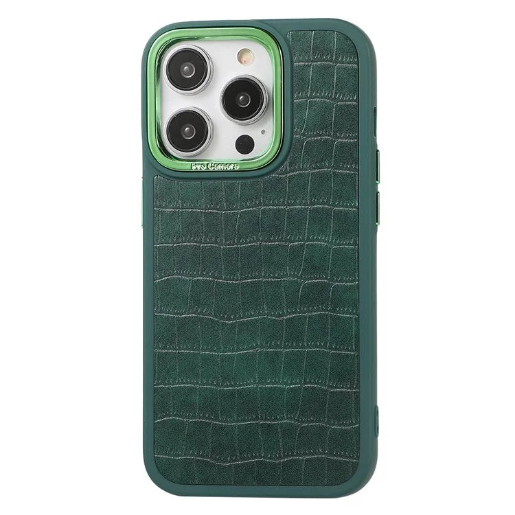 For iPhone 14 Pro Case Leather Coated TPU+PC Phone Cover with Electroplated Camera Frame
