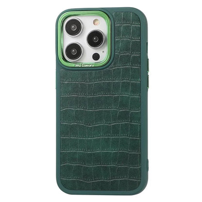 For iPhone 14 Pro Case Leather Coated TPU+PC Phone Cover with Electroplated Camera Frame