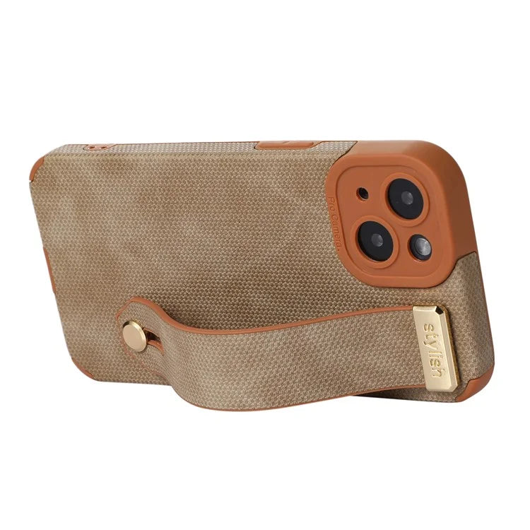 Morandi Style for iPhone 14 Plus Case TPU+PU Leather Wristband Kickstand Phone Cover