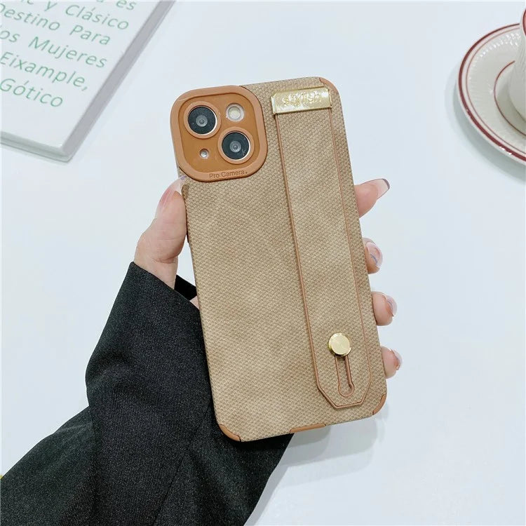 Morandi Style for iPhone 14 Plus Case TPU+PU Leather Wristband Kickstand Phone Cover