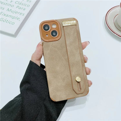 Morandi Style for iPhone 14 Plus Case TPU+PU Leather Wristband Kickstand Phone Cover