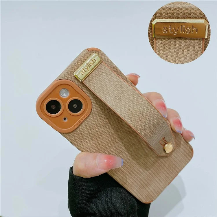 Morandi Style for iPhone 14 Plus Case TPU+PU Leather Wristband Kickstand Phone Cover