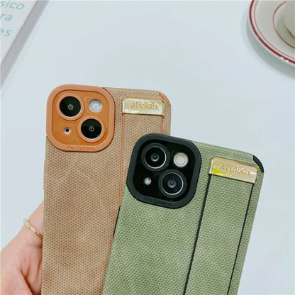 Morandi Style for iPhone 14 Plus Case TPU+PU Leather Wristband Kickstand Phone Cover