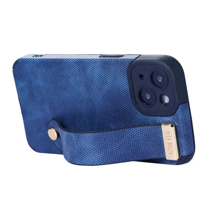 Morandi Style for iPhone 14 Plus Case TPU+PU Leather Wristband Kickstand Phone Cover