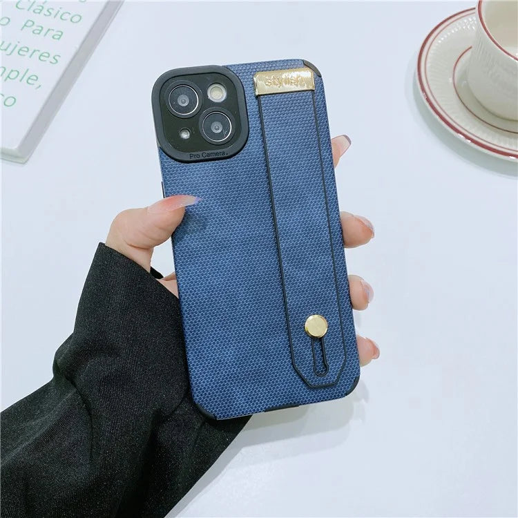 Morandi Style for iPhone 14 Plus Case TPU+PU Leather Wristband Kickstand Phone Cover