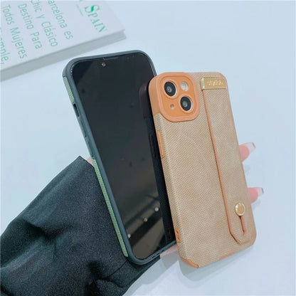 Morandi Style for iPhone 14 Plus Case TPU+PU Leather Wristband Kickstand Phone Cover