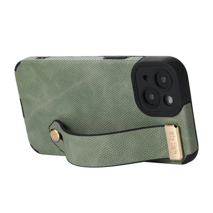 Morandi Style for iPhone 14 Plus Case TPU+PU Leather Wristband Kickstand Phone Cover