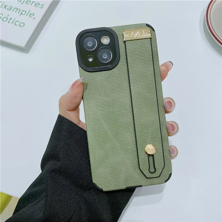 Morandi Style for iPhone 14 Plus Case TPU+PU Leather Wristband Kickstand Phone Cover