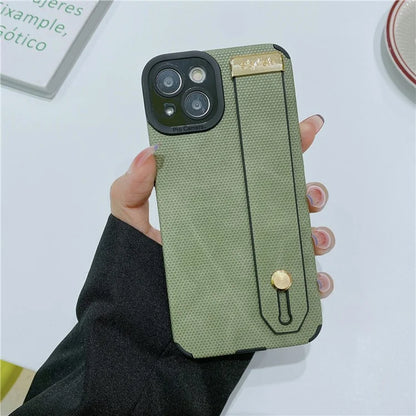Morandi Style for iPhone 14 Plus Case TPU+PU Leather Wristband Kickstand Phone Cover