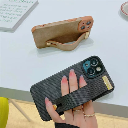 Morandi Style for iPhone 14 Plus Case TPU+PU Leather Wristband Kickstand Phone Cover