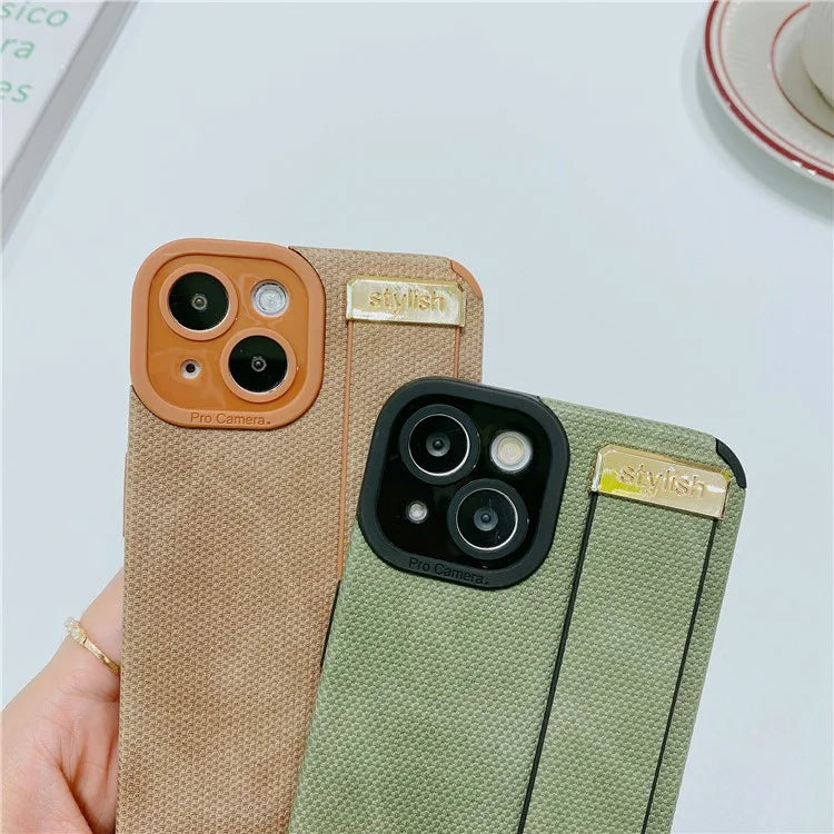 Morandi Style for iPhone 14 Plus Case TPU+PU Leather Wristband Kickstand Phone Cover