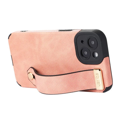 Morandi Style for iPhone 14 Plus Case TPU+PU Leather Wristband Kickstand Phone Cover