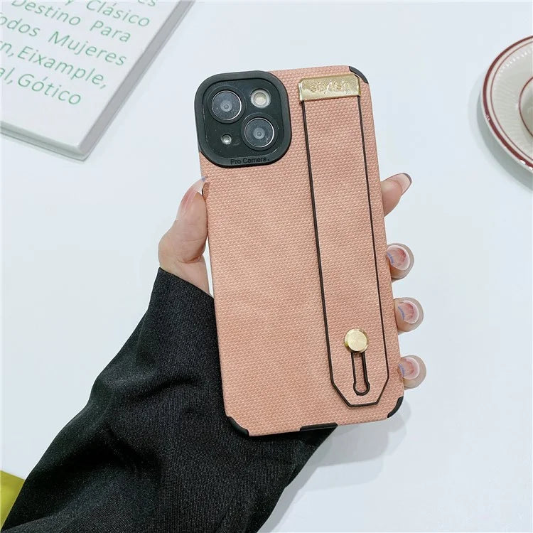 Morandi Style for iPhone 14 Plus Case TPU+PU Leather Wristband Kickstand Phone Cover