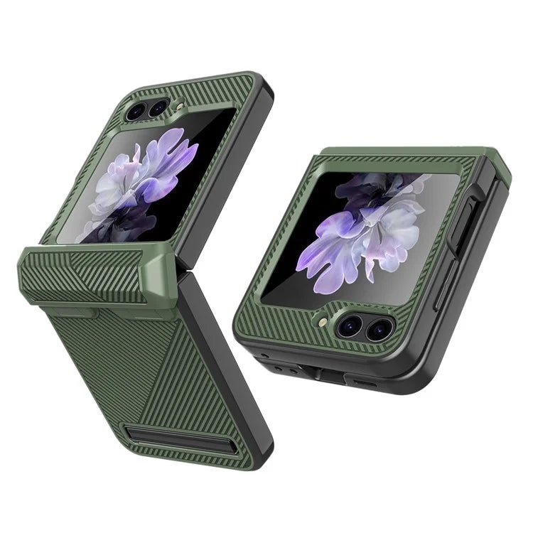 For Samsung Galaxy Z Flip5 5G PC Case with Screen Film Twill Texture Kickstand Phone Cover
