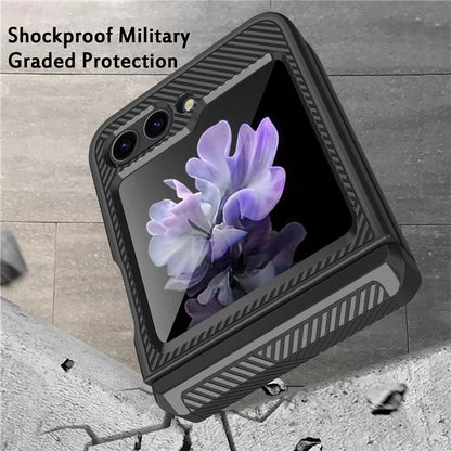 For Samsung Galaxy Z Flip5 5G PC Case with Screen Film Twill Texture Kickstand Phone Cover