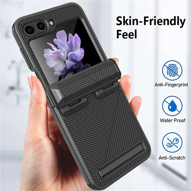 For Samsung Galaxy Z Flip5 5G PC Case with Screen Film Twill Texture Kickstand Phone Cover