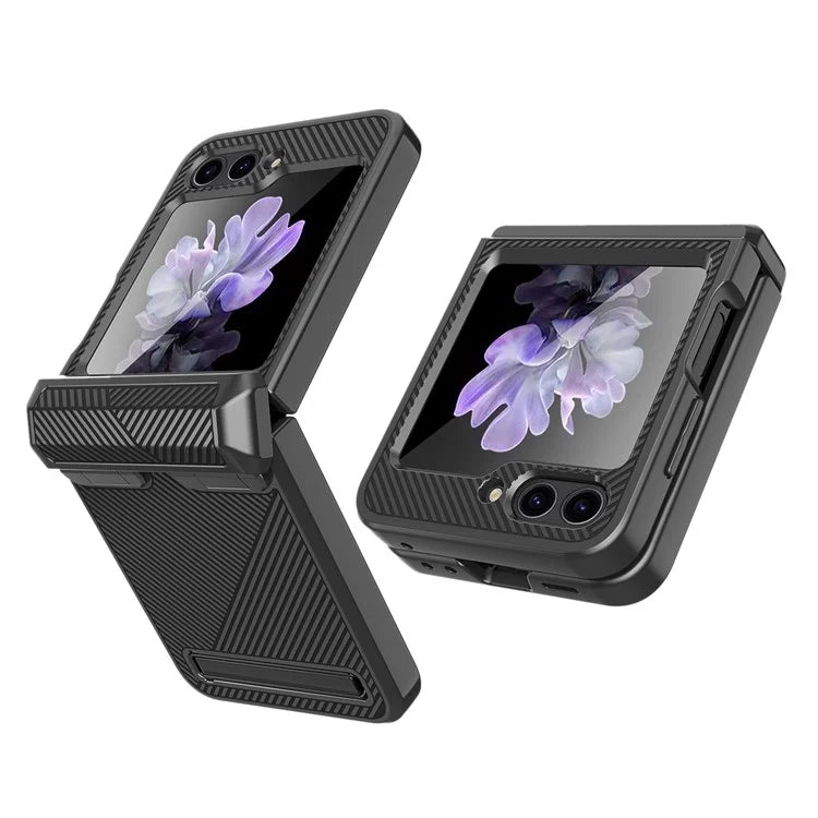 For Samsung Galaxy Z Flip5 5G PC Case with Screen Film Twill Texture Kickstand Phone Cover