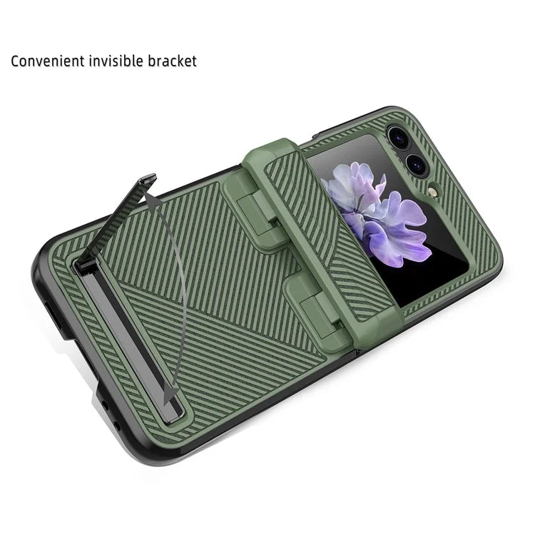 For Samsung Galaxy Z Flip5 5G PC Case with Screen Film Twill Texture Kickstand Phone Cover
