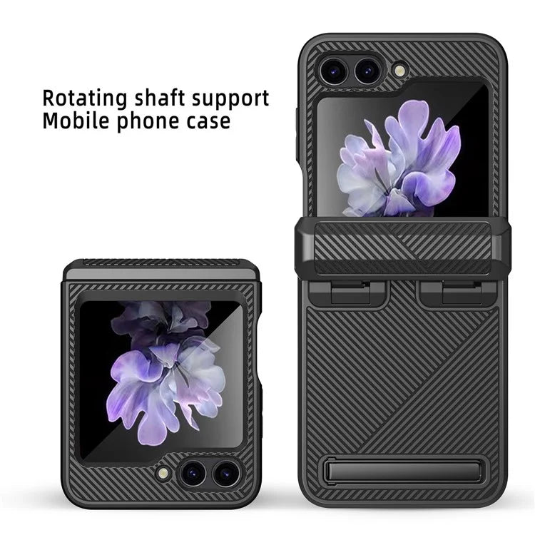 For Samsung Galaxy Z Flip5 5G PC Case with Screen Film Twill Texture Kickstand Phone Cover