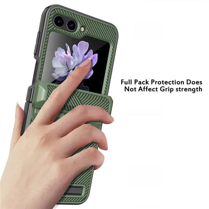 For Samsung Galaxy Z Flip5 5G PC Case with Screen Film Twill Texture Kickstand Phone Cover