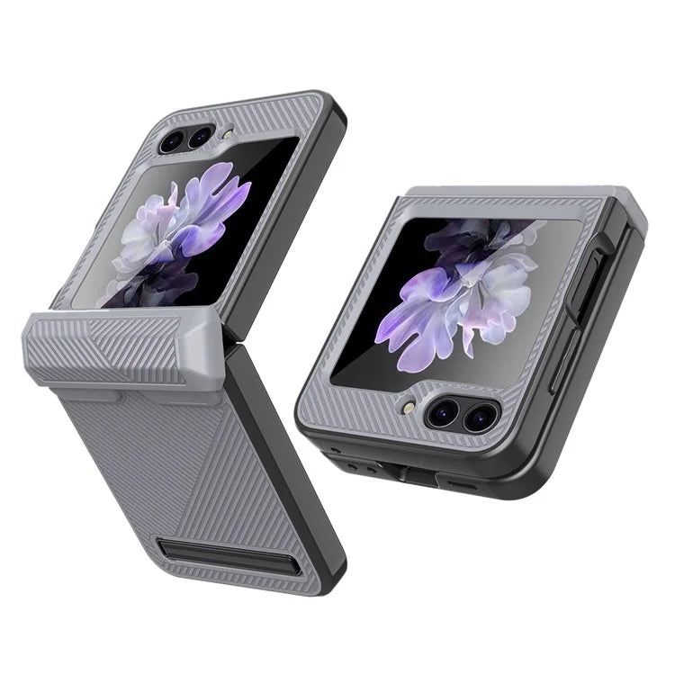 For Samsung Galaxy Z Flip5 5G PC Case with Screen Film Twill Texture Kickstand Phone Cover