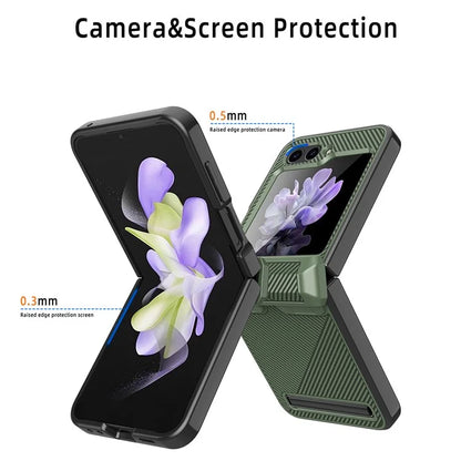 For Samsung Galaxy Z Flip5 5G PC Case with Screen Film Twill Texture Kickstand Phone Cover