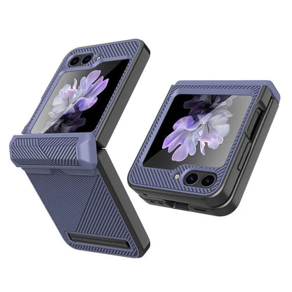 For Samsung Galaxy Z Flip5 5G PC Case with Screen Film Twill Texture Kickstand Phone Cover