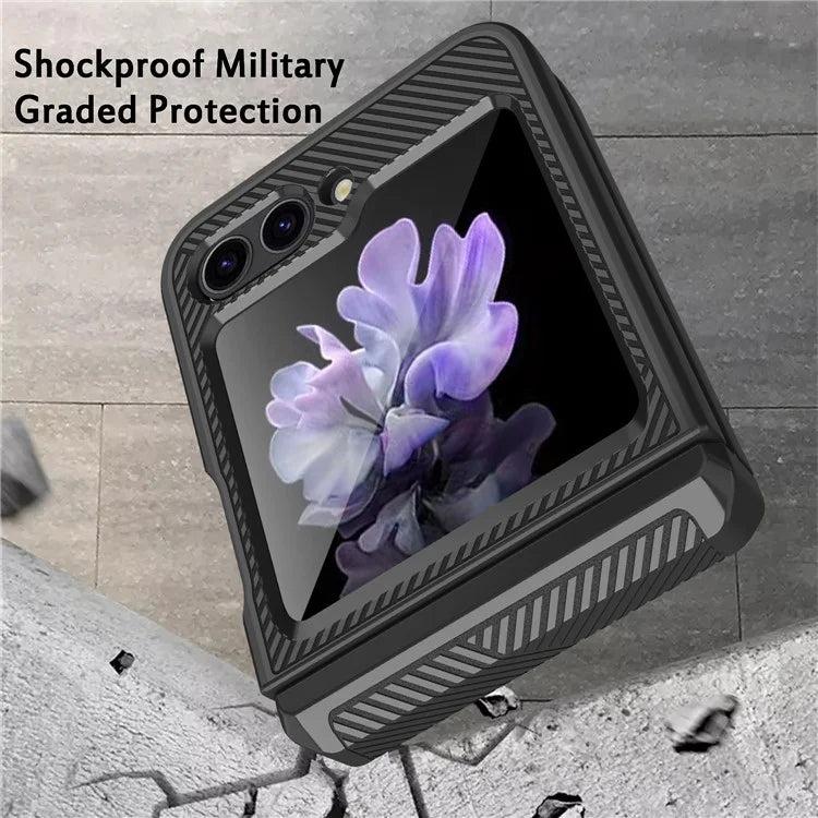 For Samsung Galaxy Z Flip5 5G PC Case with Screen Film Twill Texture Kickstand Phone Cover