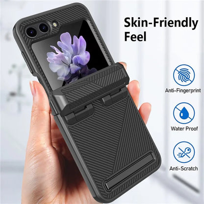 For Samsung Galaxy Z Flip5 5G PC Case with Screen Film Twill Texture Kickstand Phone Cover