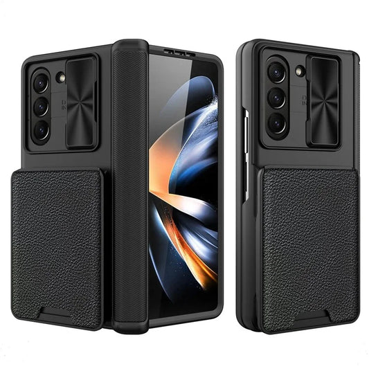 For Samsung Galaxy Z Fold5 5G Case Sliding Lens Lid Phone Cover with Screen Film, Detachable Card Holder