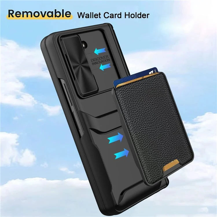 For Samsung Galaxy Z Fold5 5G Case Sliding Lens Lid Phone Cover with Screen Film, Detachable Card Holder