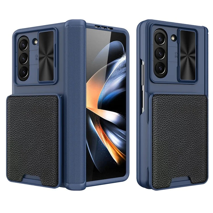 For Samsung Galaxy Z Fold5 5G Case Sliding Lens Lid Phone Cover with Screen Film, Detachable Card Holder