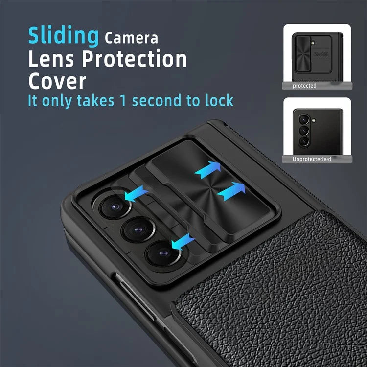 For Samsung Galaxy Z Fold5 5G Case Sliding Lens Lid Phone Cover with Screen Film, Detachable Card Holder