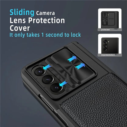 For Samsung Galaxy Z Fold5 5G Case Sliding Lens Lid Phone Cover with Screen Film, Detachable Card Holder