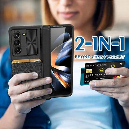 For Samsung Galaxy Z Fold5 5G Case Sliding Lens Lid Phone Cover with Screen Film, Detachable Card Holder